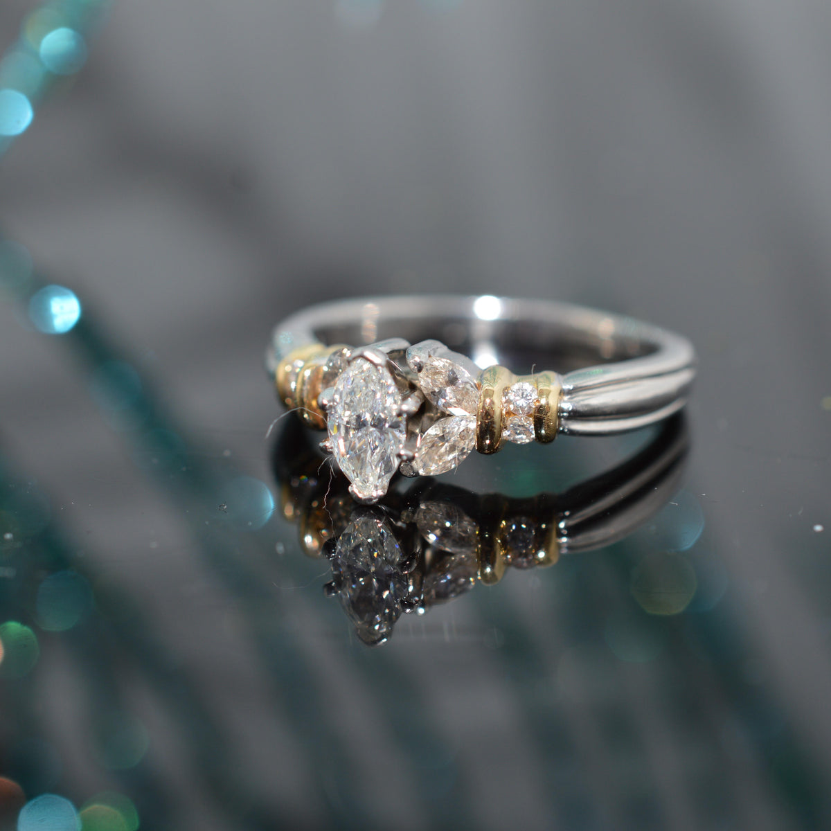 Platinum & 18K Yellow Gold Marquise Diamond Engagement Ring