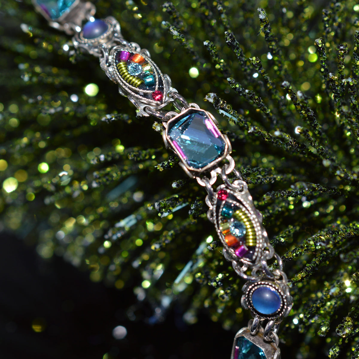 Antique Silver Plate Jasmine Mirror Bracelet With Multi-Color Crystals by Firefly