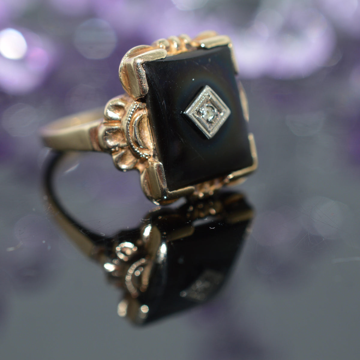 10K Yellow Gold Black Onyx & Diamond Ring by Ostby & Barton