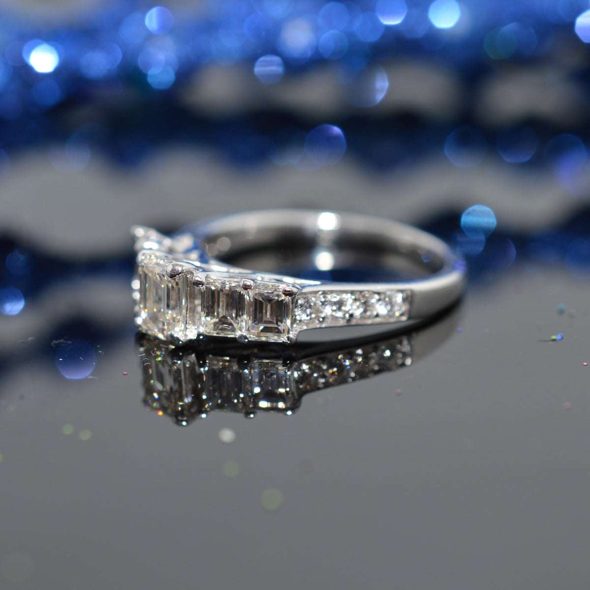 14K White Gold 2 Carat Baguette & Emerald Cut Diamond Anniversary Ring