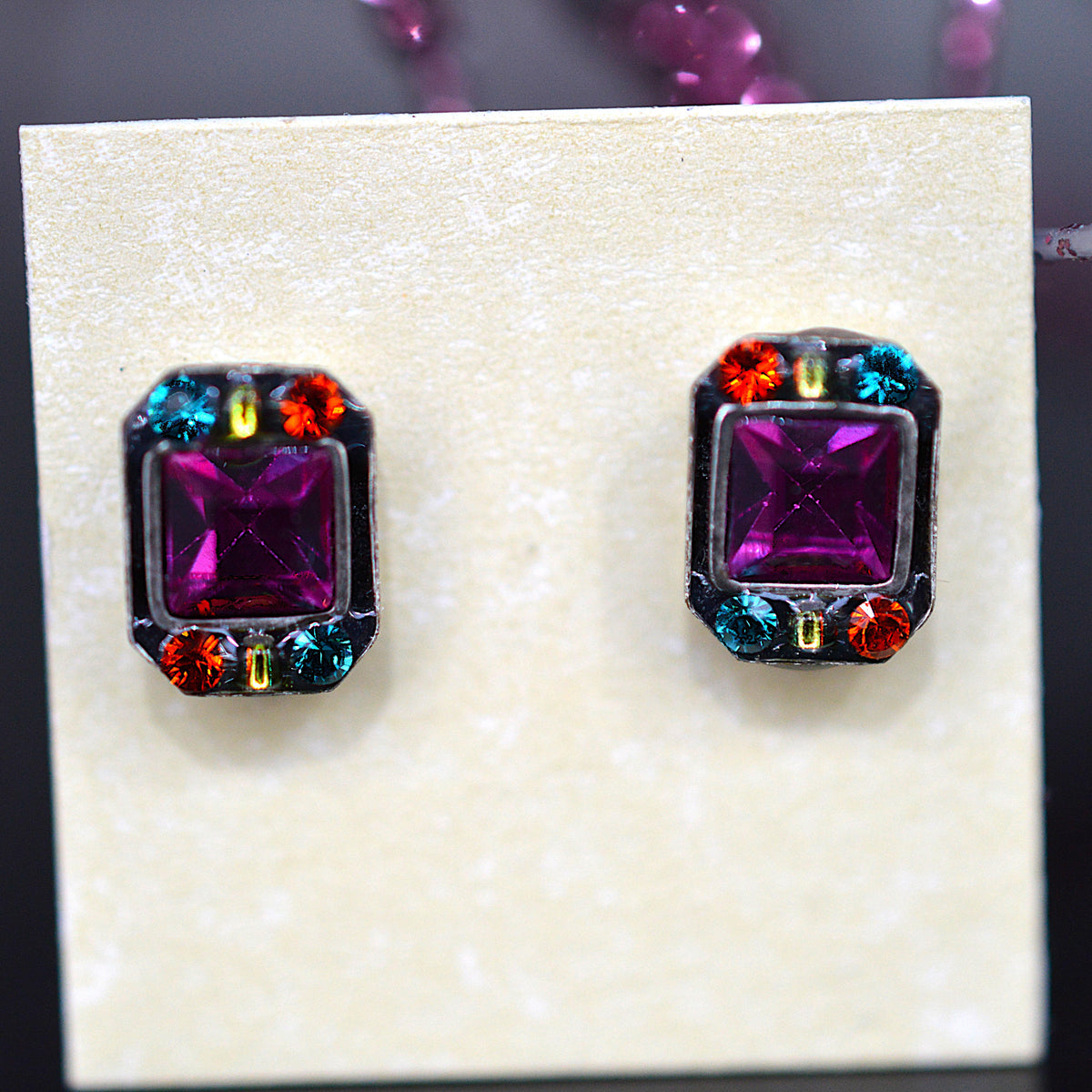 Antique Silver Plated Fuchsia Rectangular Stud Earrings With Multi-Colored Crystals by Firefly