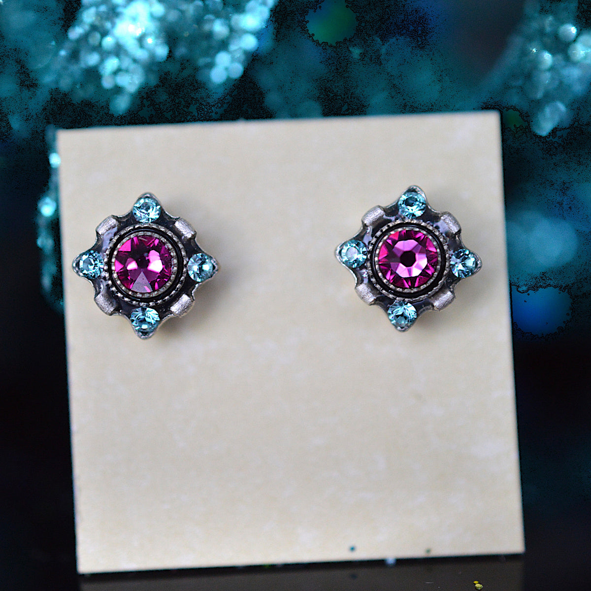 Antique Silver Plated Dulce Petite Stud Earrings With Fuchsia Crystals by Firefly