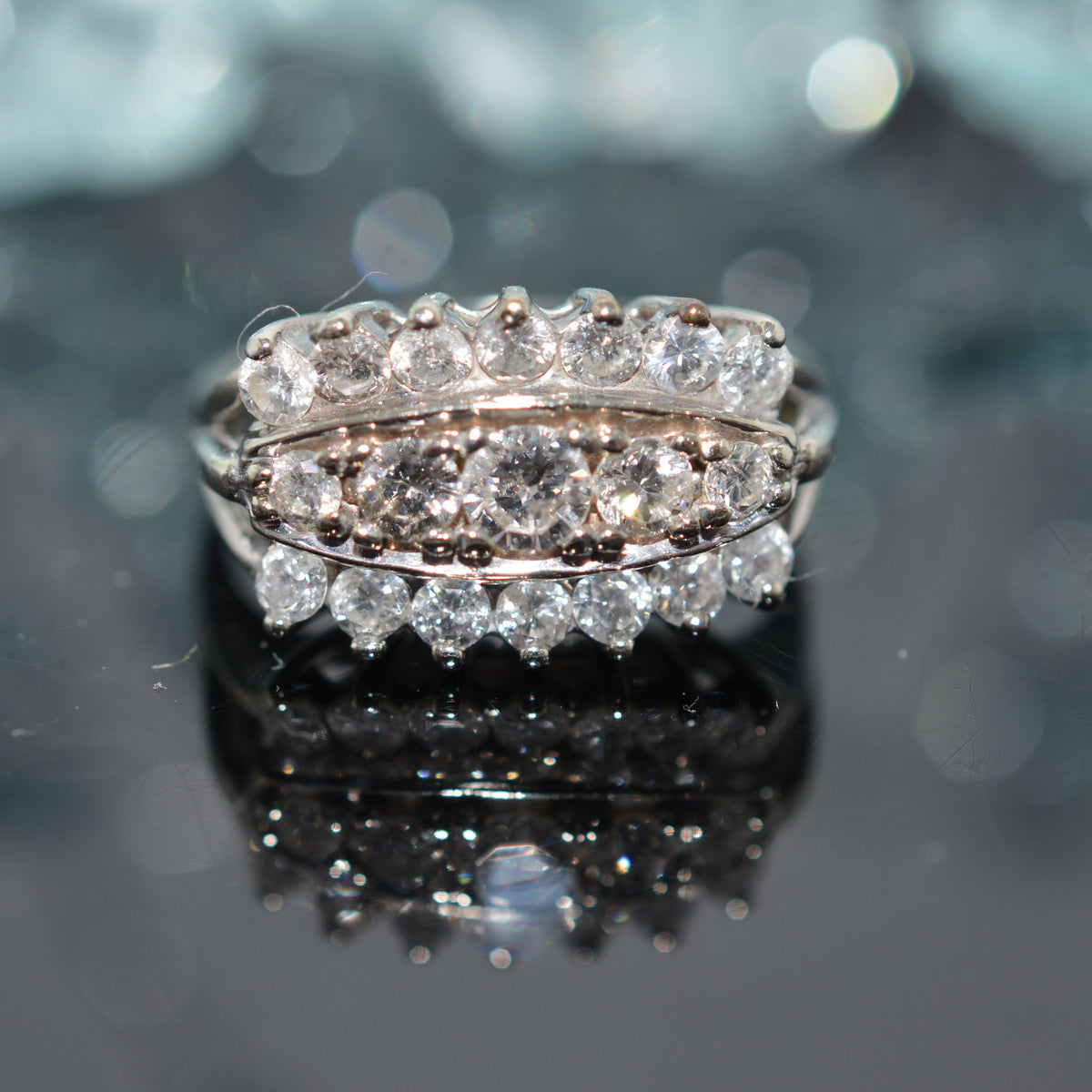 14K White Gold 1 Carat Total Weight 3 Row Diamond Ring