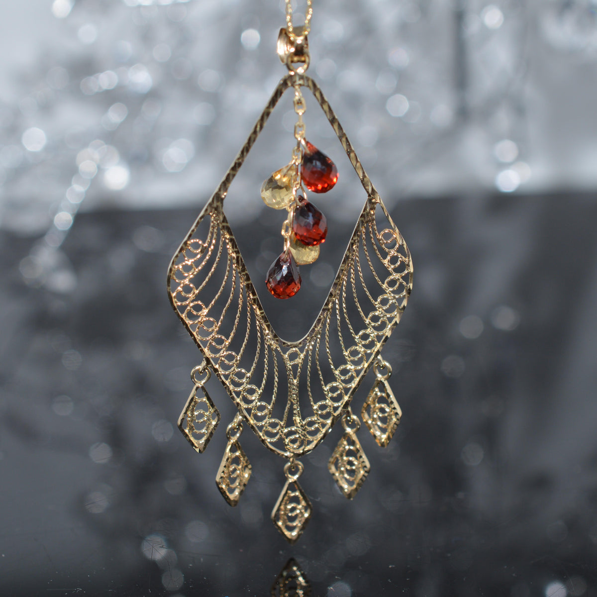 14K Yellow Gold Large Pendant With Briolette Cut Garnets & Citrines