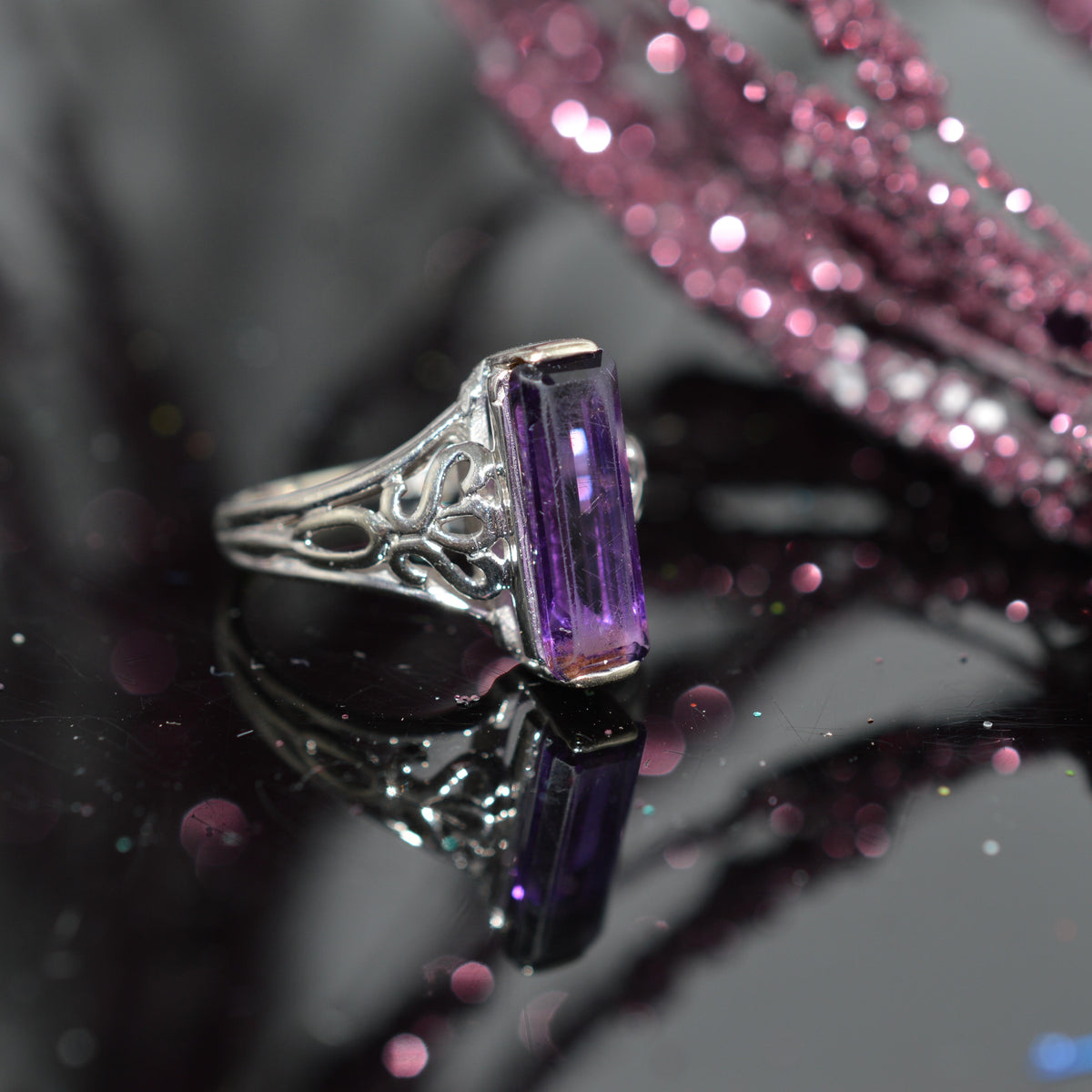 14K White Gold Ring With Long Baguette Cut Amethyst