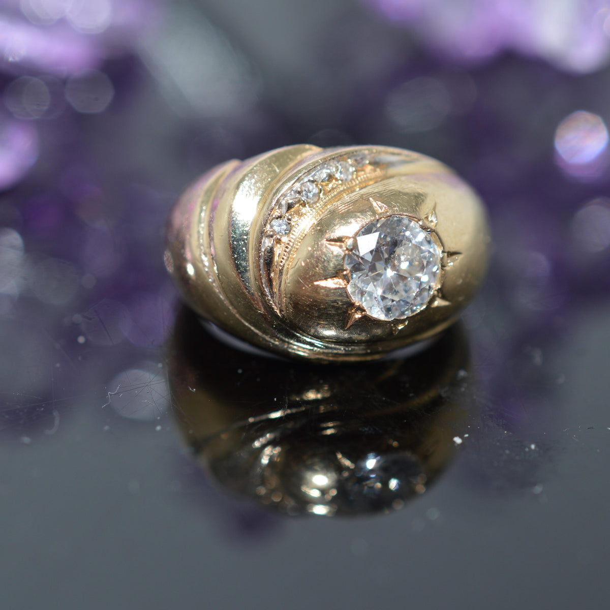 14K Yellow Gold Diamond Dome Ring With A Large Old European Cut Diamond