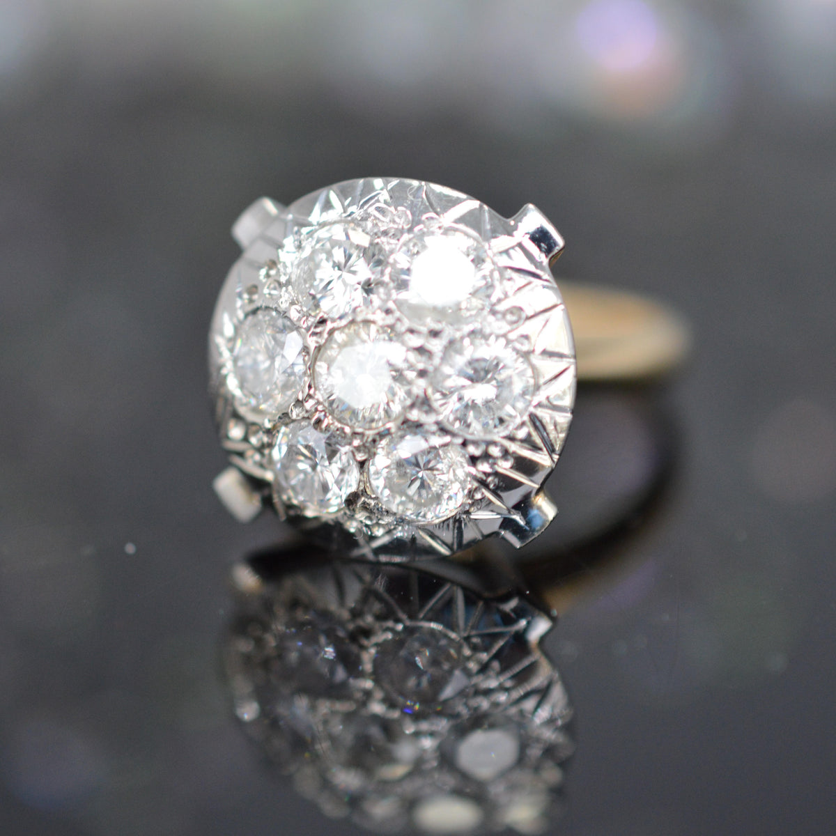 Large 14K Two Tone Gold Round 7 Diamond Cluster Ring