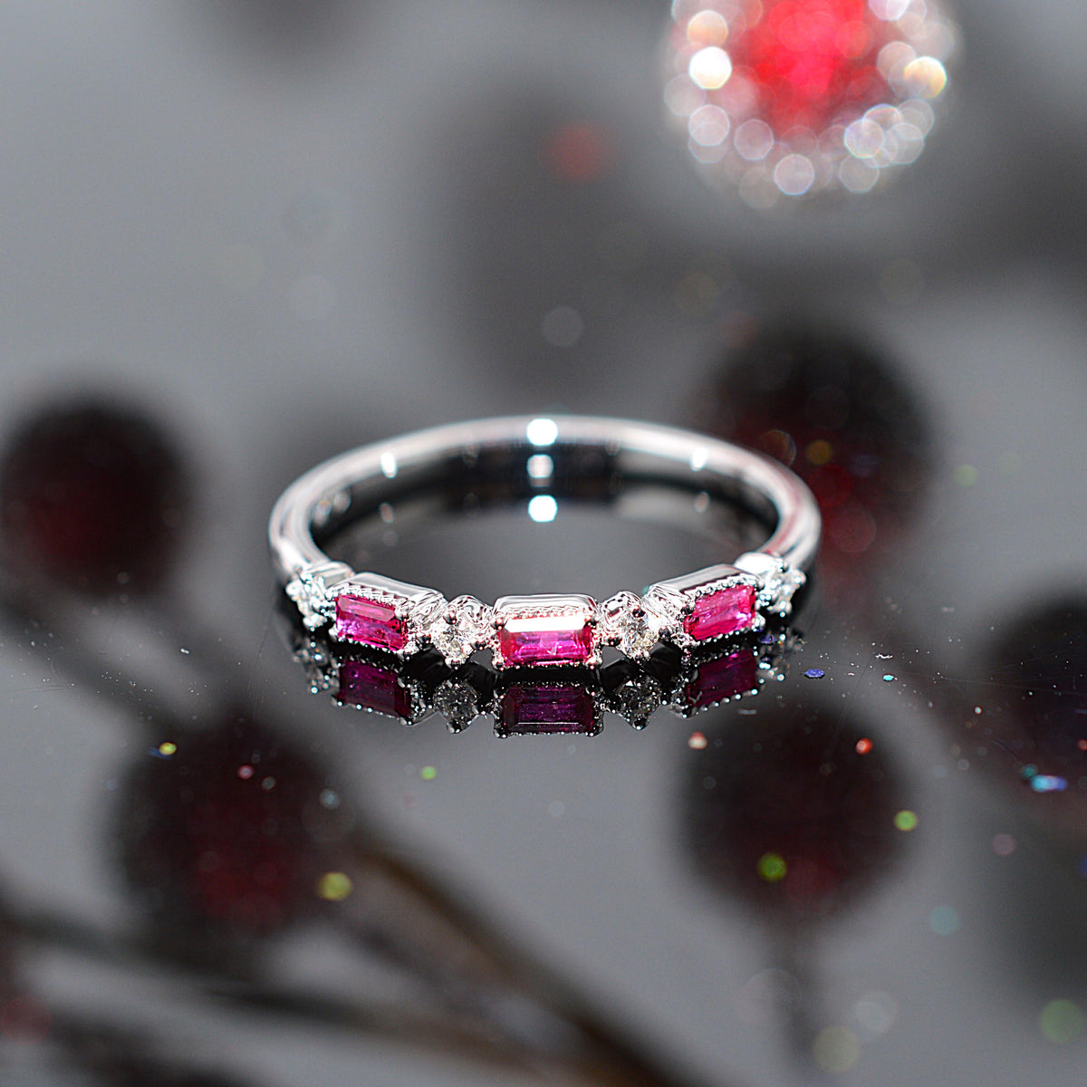 14K White Gold Baguette Genuine Ruby & Diamond Anniversary Ring