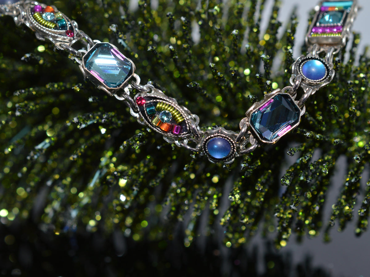 Antique Silver Plate Jasmine Mirror Bracelet With Multi-Color Crystals by Firefly