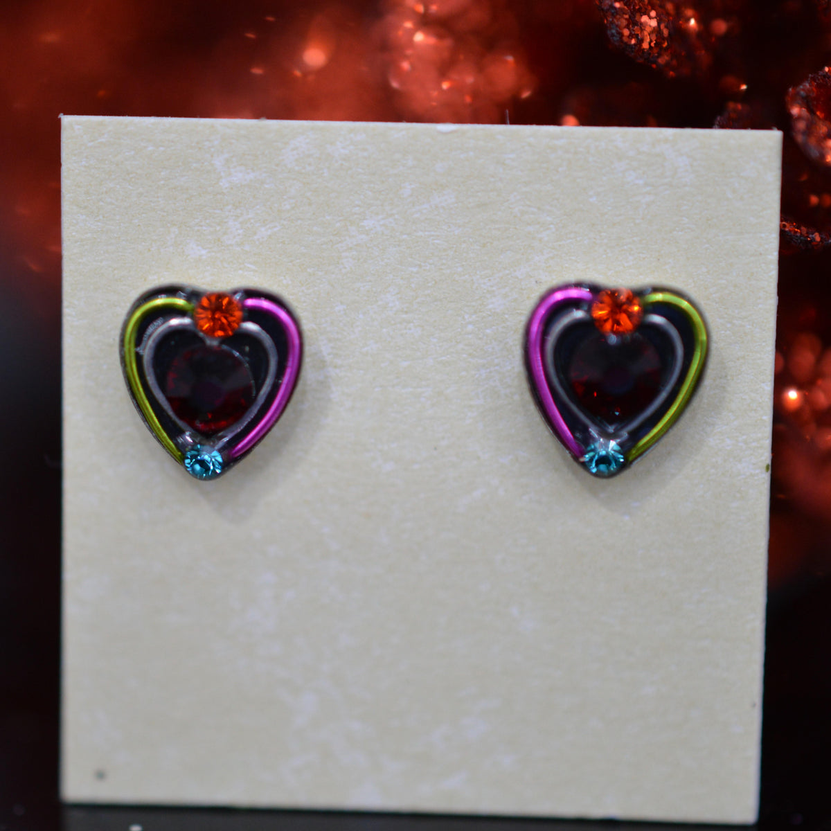 Antique Silver Plated Mini Heart Multi-Color Crystal Earrings by Firefly