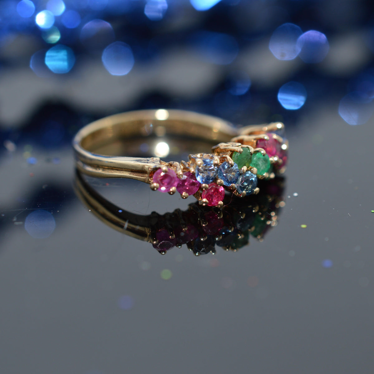 14K Yellow Gold Ruby, Sapphire, & Emerald Diagonal Row Ring