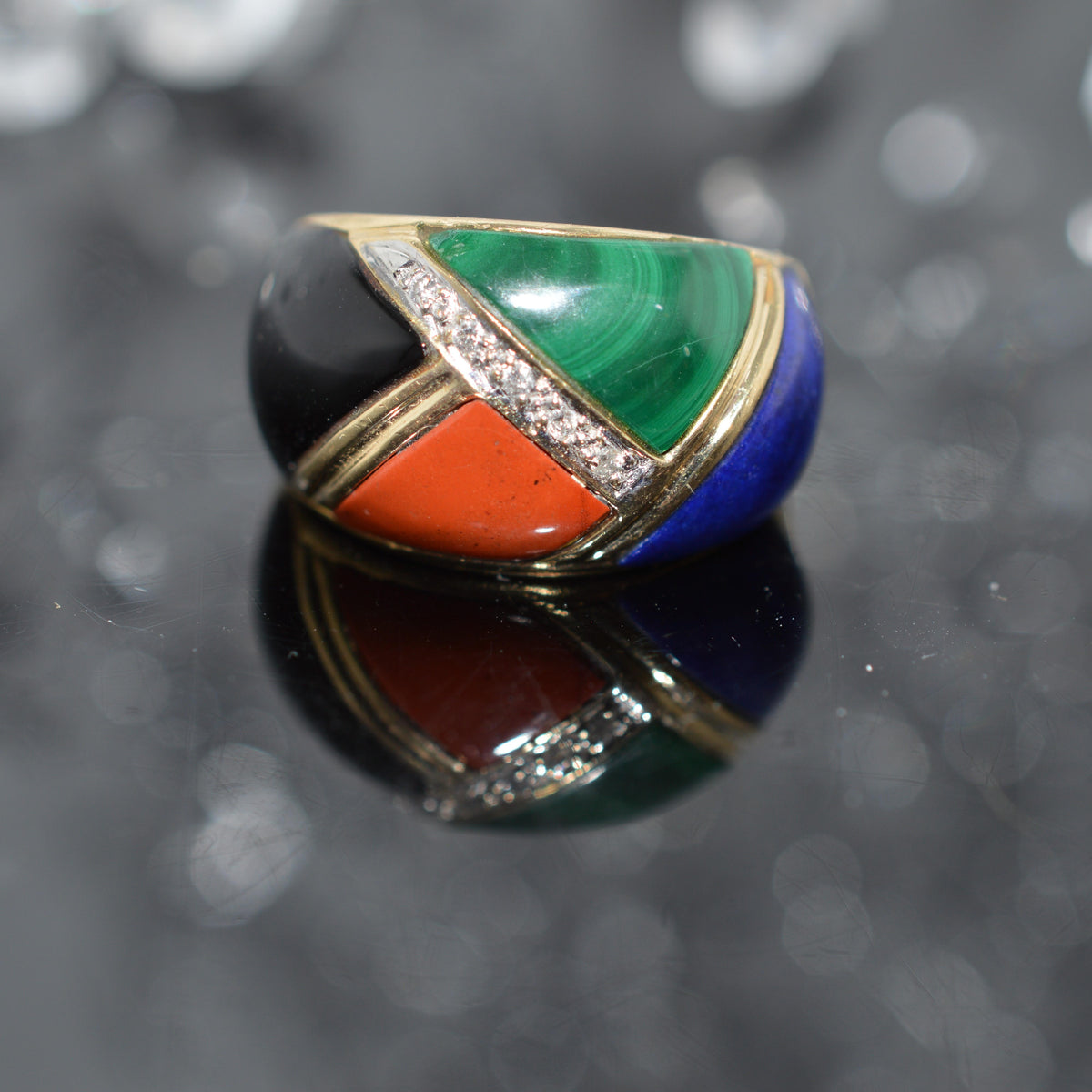 14K Yellow Gold Dome Ring Inlaid With Lapis, Malachite, Carnelian, Onyx & Diamonds