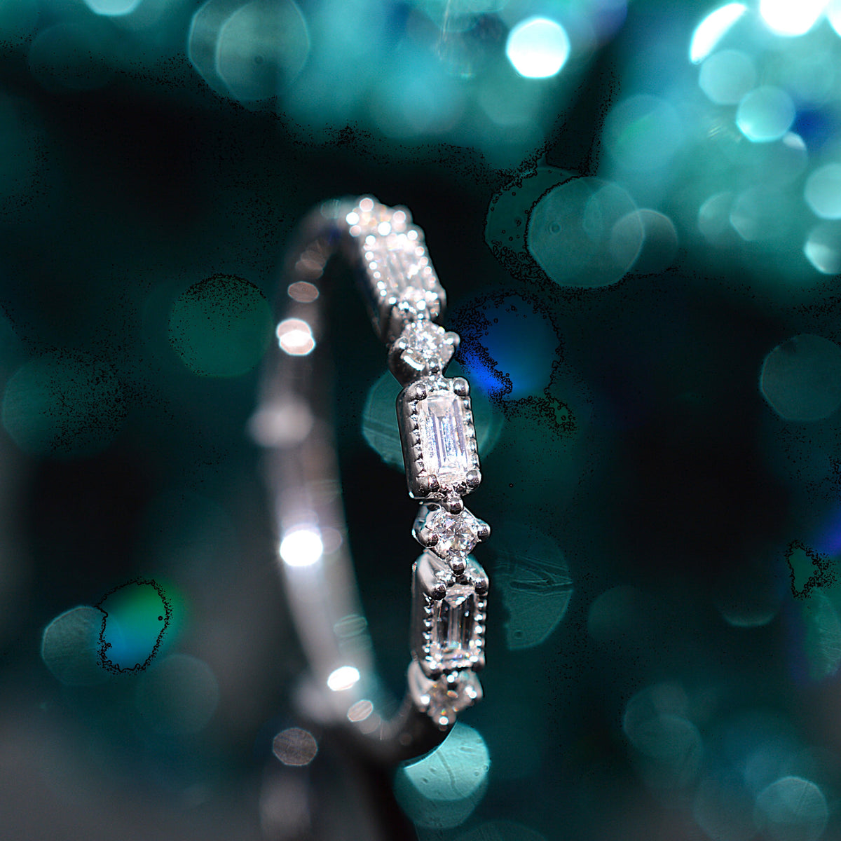 14K White Gold Anniversary Ring With Alternating Round & Baguette Cut Diamonds