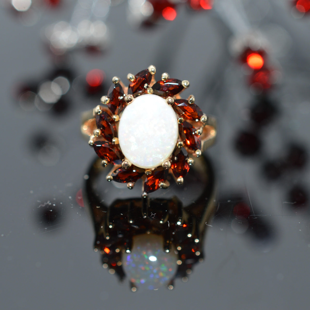 14K Yellow Gold Oval Opal With Marquise Garnet Halo Ring
