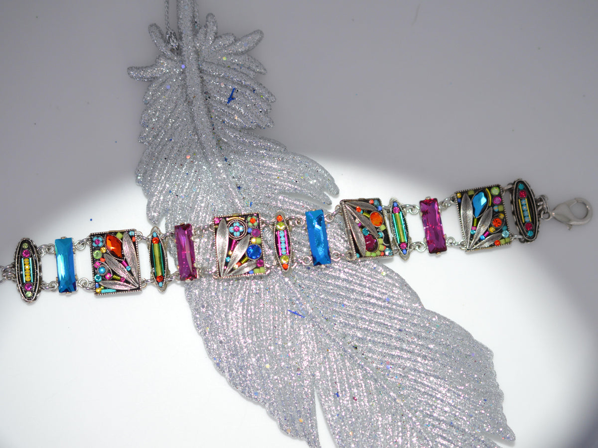 Antique Silver Plate Wide Botanical Bracelet With Multi-Color Crystals by Firefly
