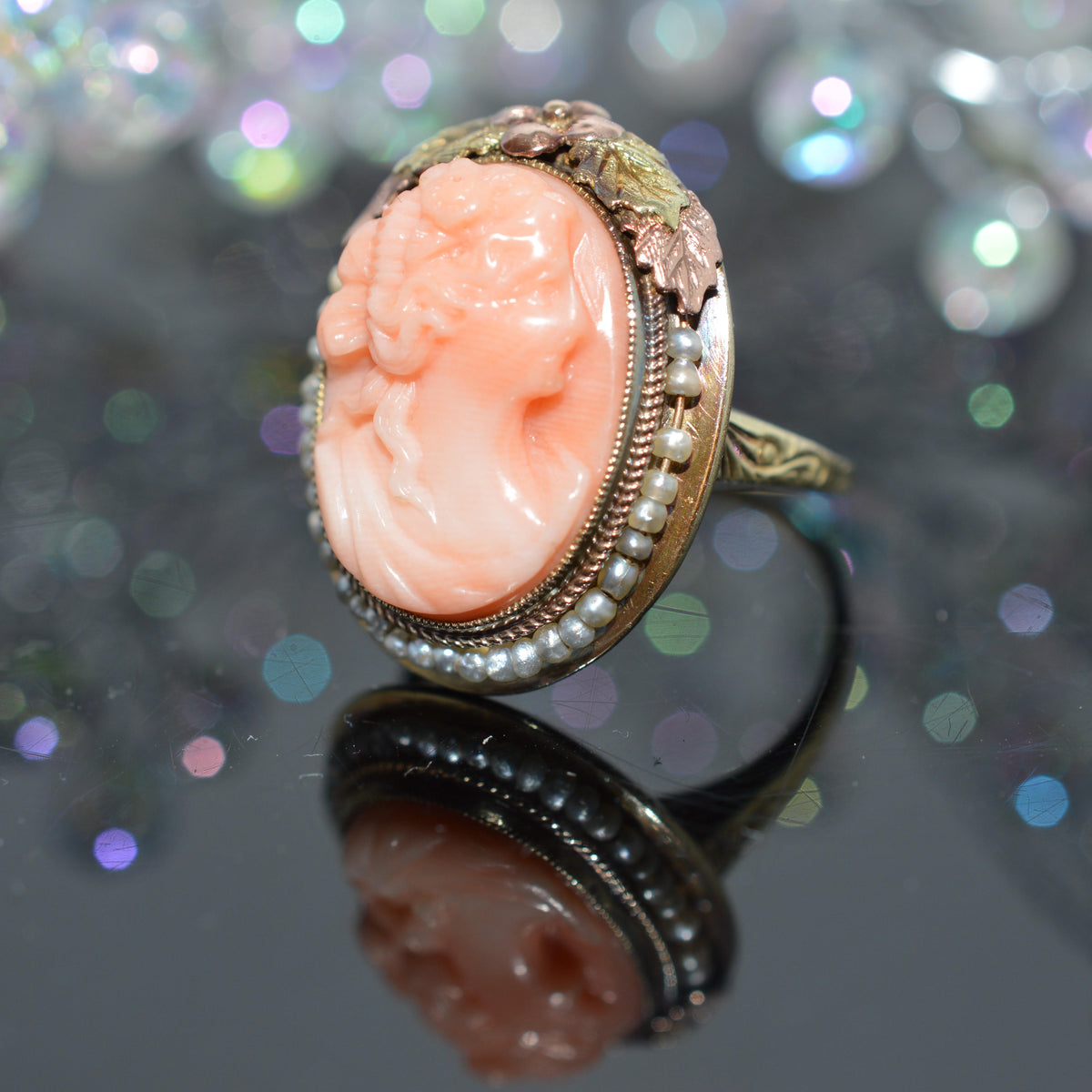 14K Tri-Color Gold Ring With Cameo And Seed Pearls On Wire