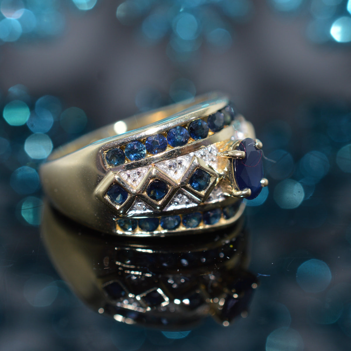 14K Two Tone Gold Wide Band Ring With Sapphires & Diamonds