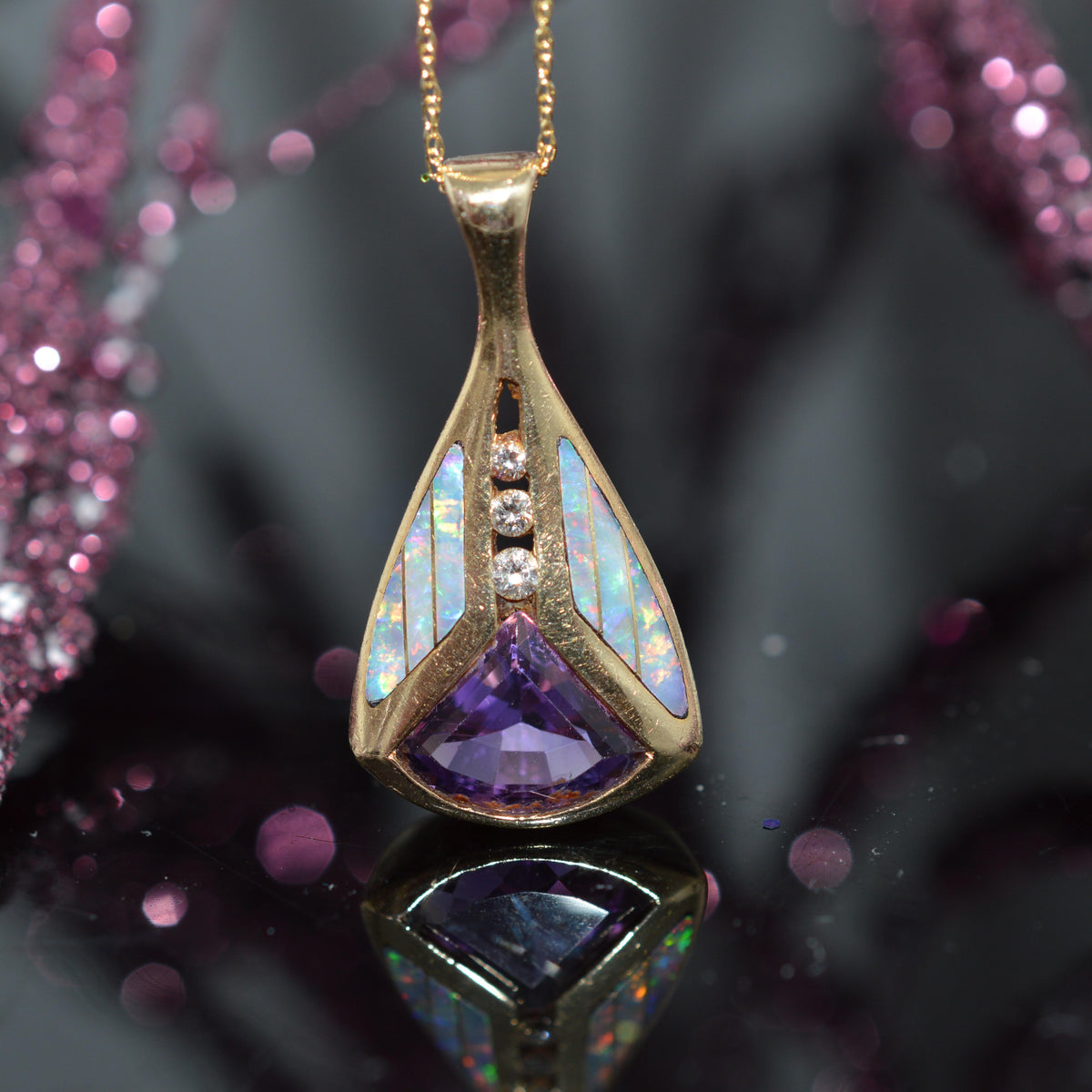 14K Yellow Gold Diamond, Amethyst, & Inlaid Opal Pendant by "Kabana"