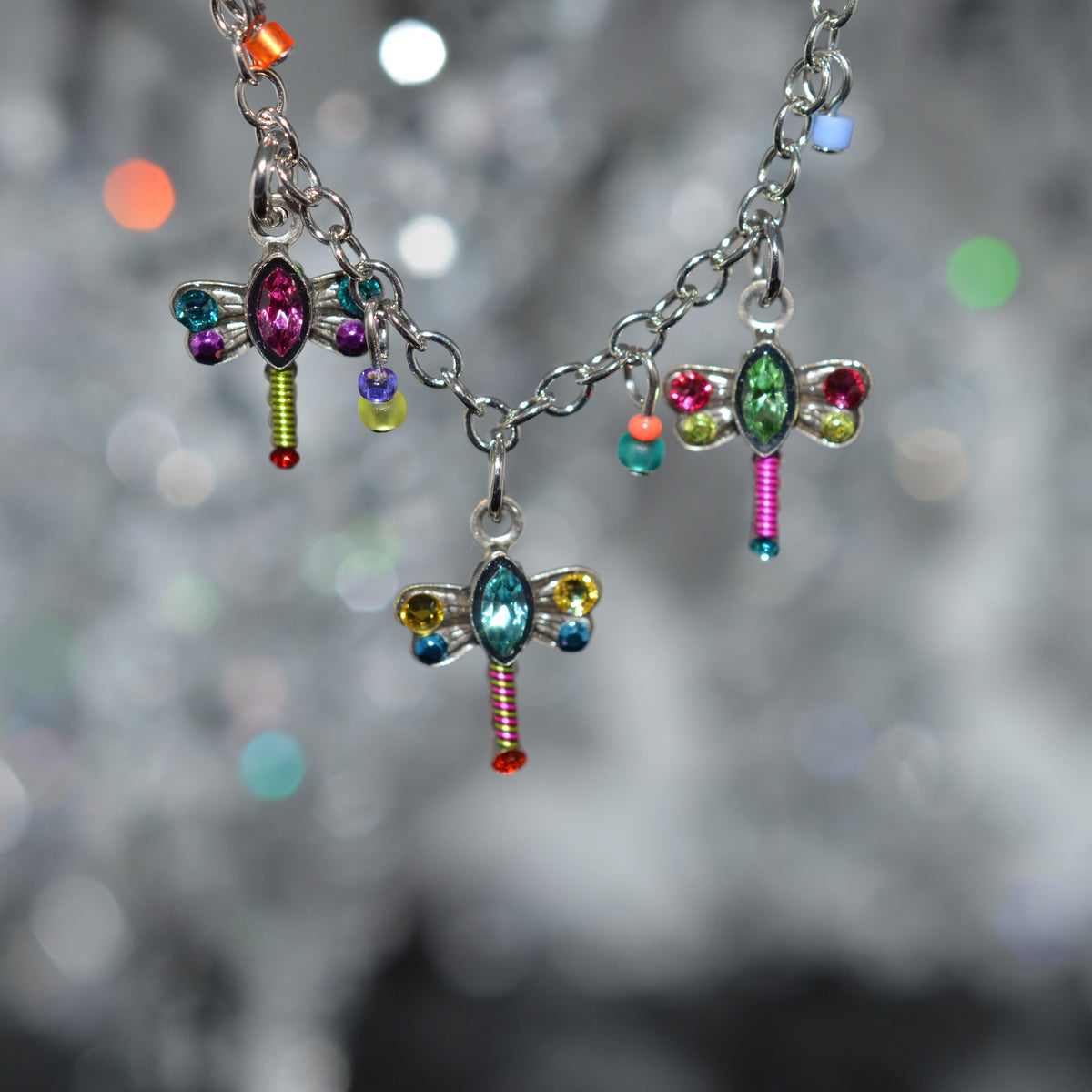 Antique Silver Plated Triple Petite Dragonfly Multi-Color Crystal Necklace by Firefly