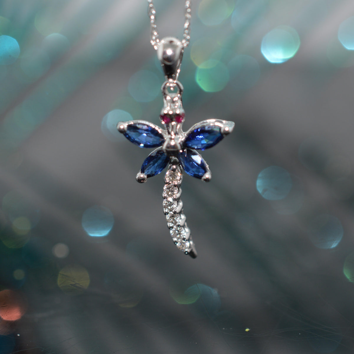 14K White Gold Diamond, Sapphire, & Ruby Dragonfly Pendant With Chain