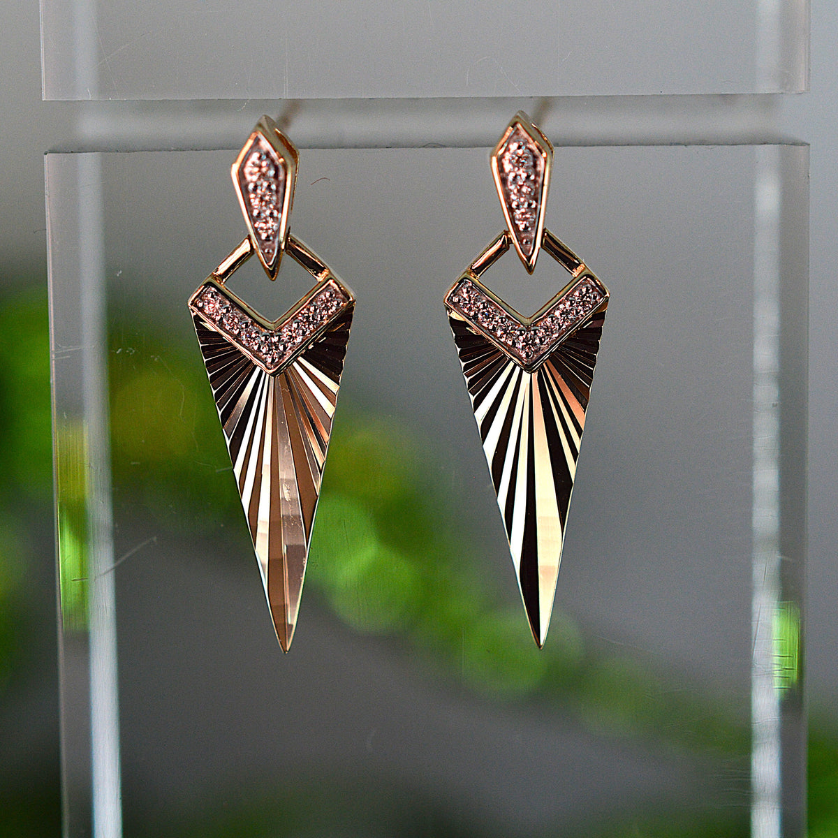 14K Yellow Gold Art Deco Style Chevron Sunburst Drop Earrings With Diamonds