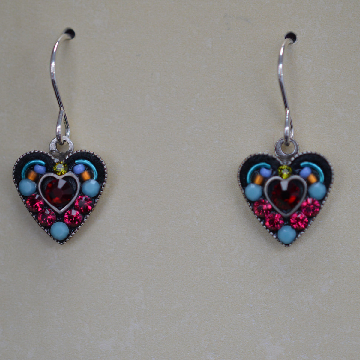 Antique Silver Plated Red Crystal Heart Earrings by Firefly