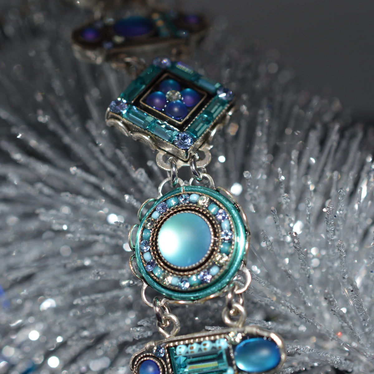 Antique Silver Plate La Dolce Vita Bracelet With Moonlight Light Blue Crystals by Firefly