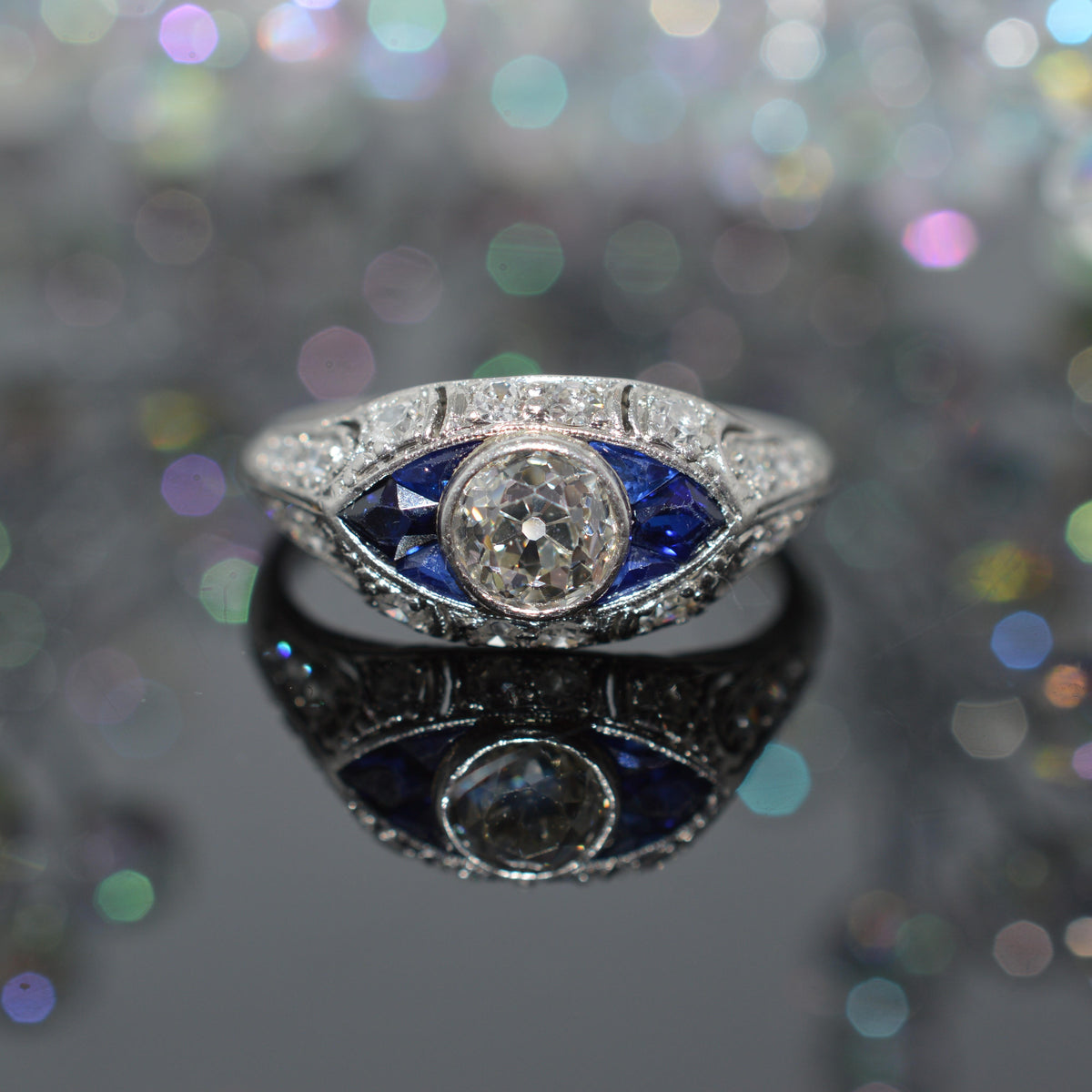 Platinum Art Deco Old European Cut Diamond Ring With Calibre Cut Sapphires