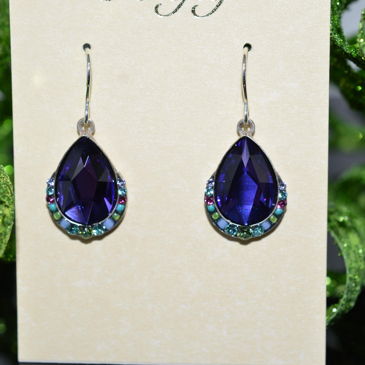 Antique Silver Plate Carmel Teardrop Earrings With Purple Crystals By Firefly