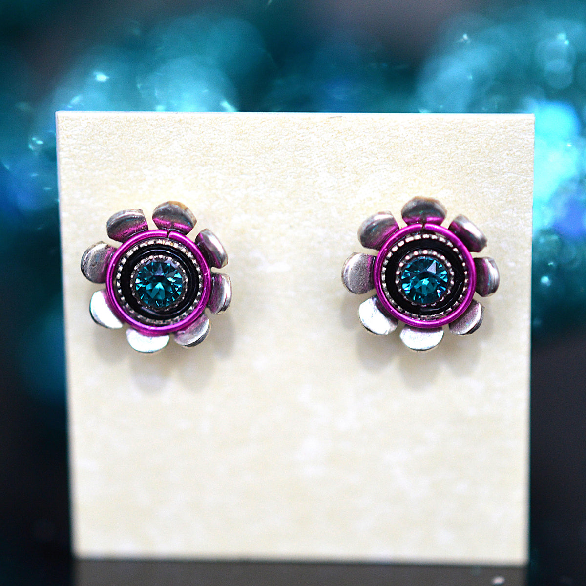 Antique Silver Plated Mini Flower Stud Earrings With Multi-Color Crystals by Firefly