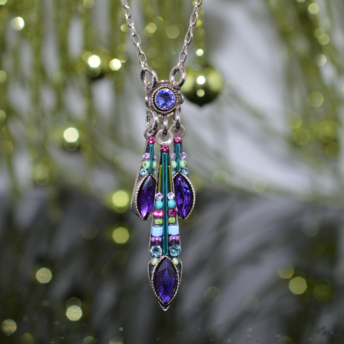 Antique Silver Plated Triple Carmel Purple Crystal Drop Necklace by Firefly