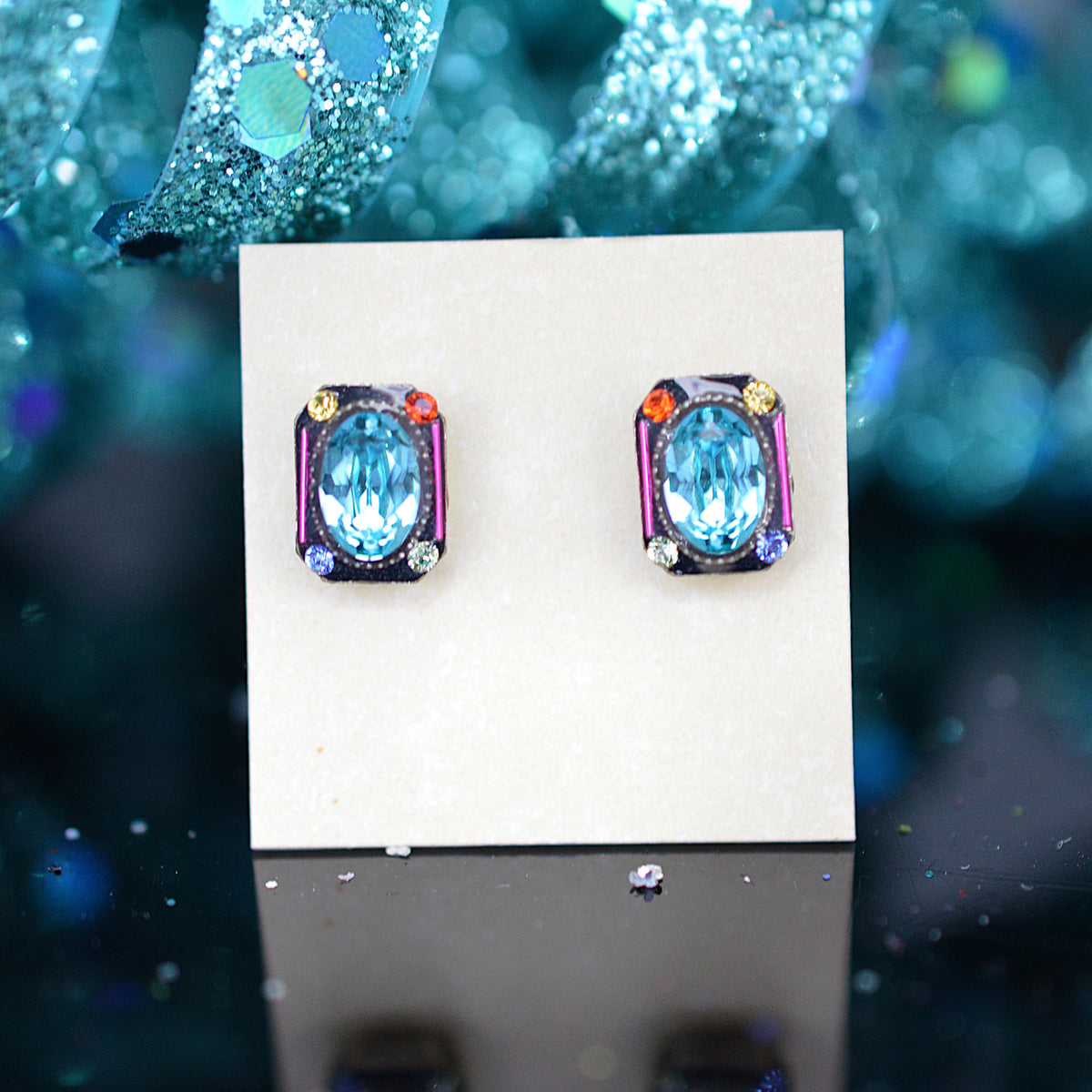 Antique Silver Plated Rectangular Stud Earrings With Oval Multi-Color Crystals by Firefly