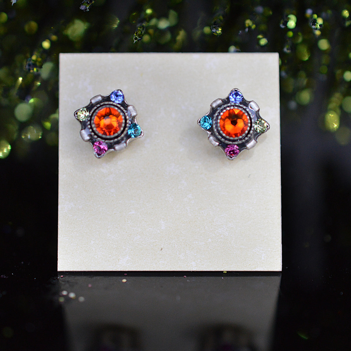 Antique Silver Plated Orange Dulce Petite Stud Earrings With Multi-Color Crystals by Firefly
