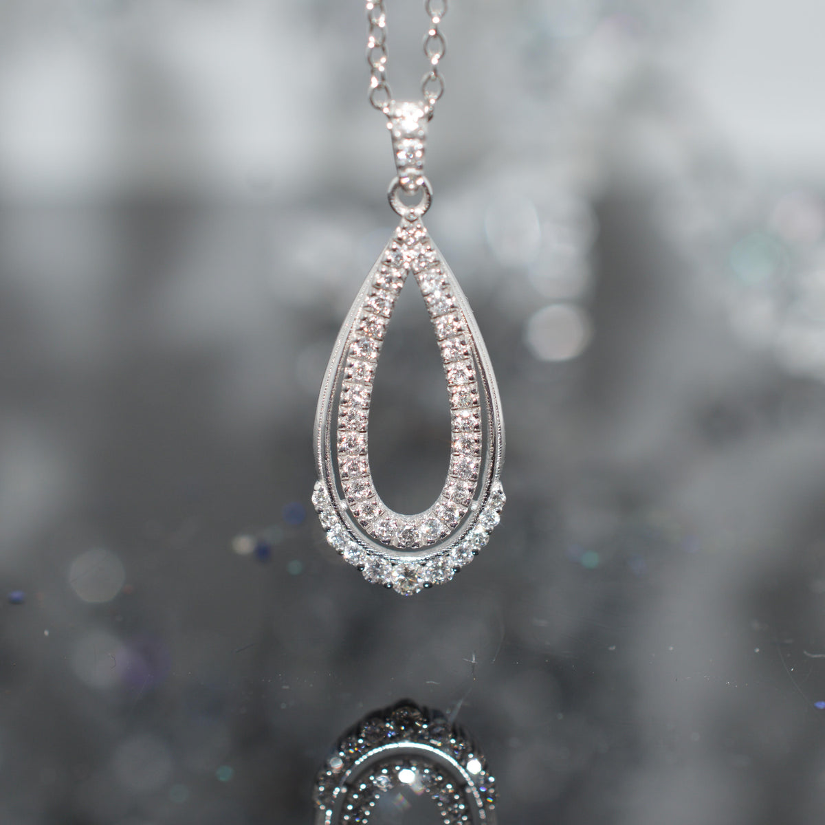 14K White Gold Chain With Diamond Teardrop Shape Pendant