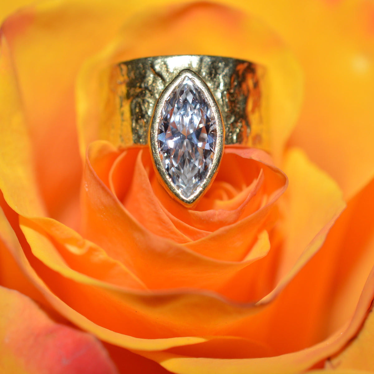 Unique 18K Yellow Gold Hammered Wide Band With Marquise Diamond