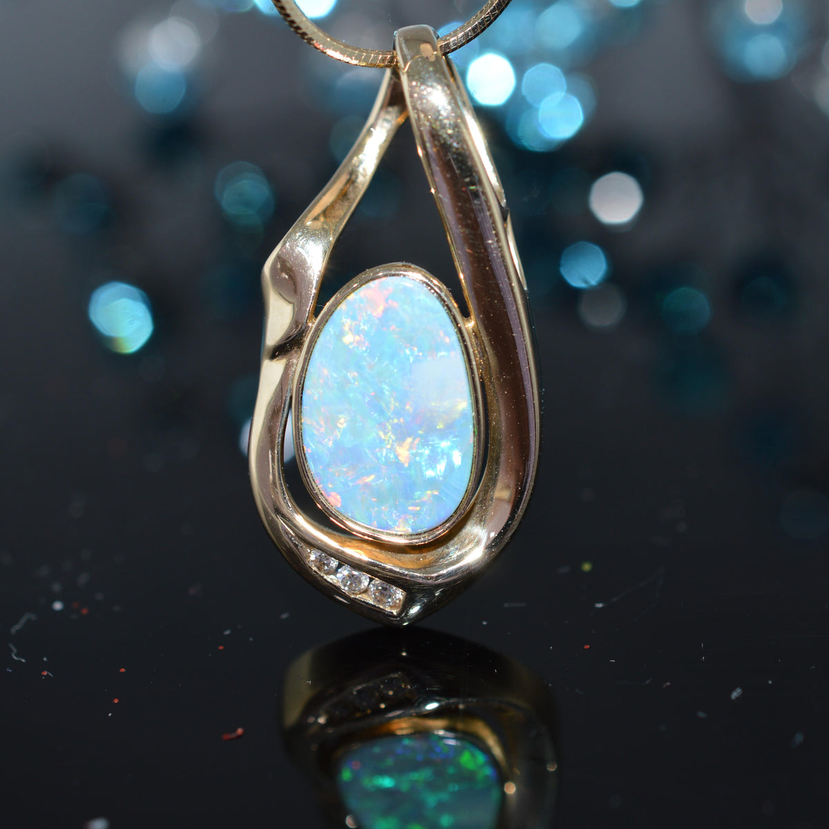 14K Yellow Gold Opal Doublet, Diamond, & Snake Chain Necklace