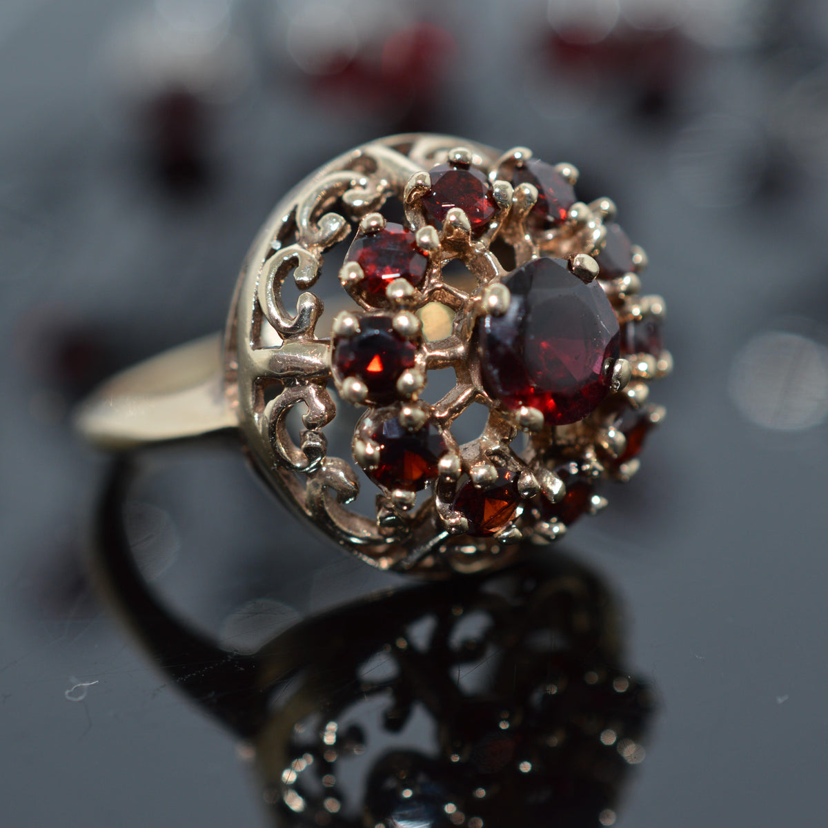 10K Yellow Gold Domed Garnet Cluster Ring