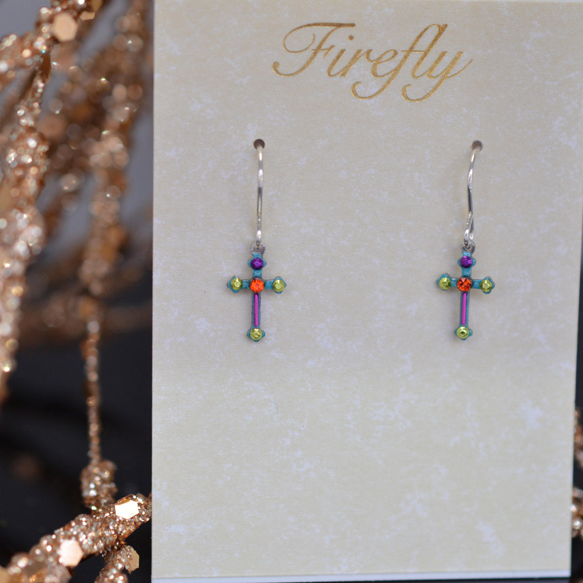 Antique Silver Plated Multi-Color Crystal Cross Earrings by Firefly