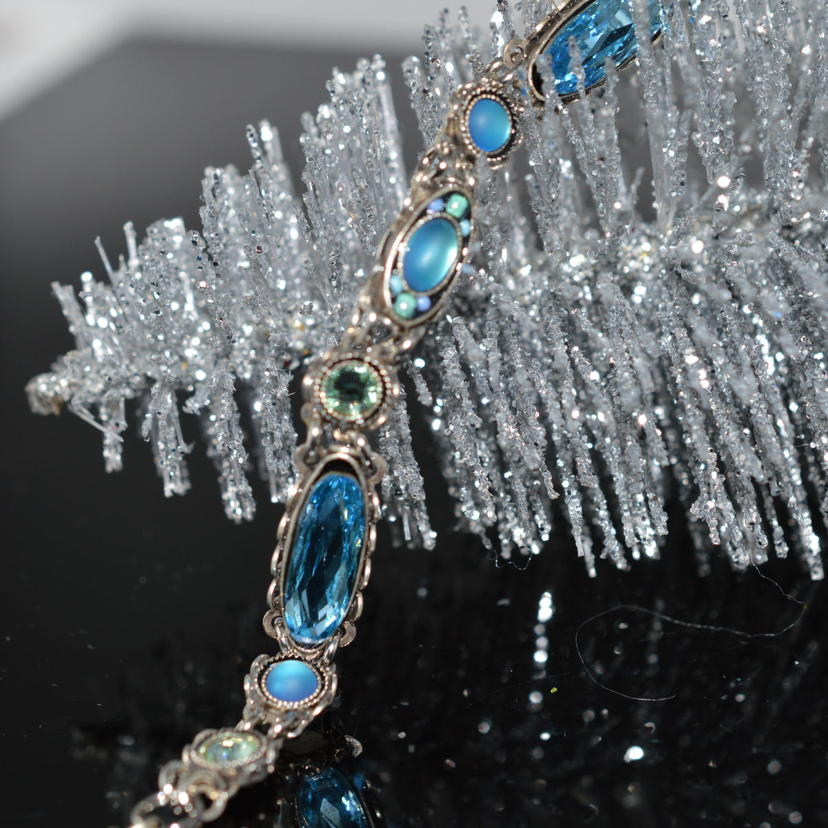 Antique Silver Plate Skinny Aquamarine Color Crystal Bracelet by Firefly