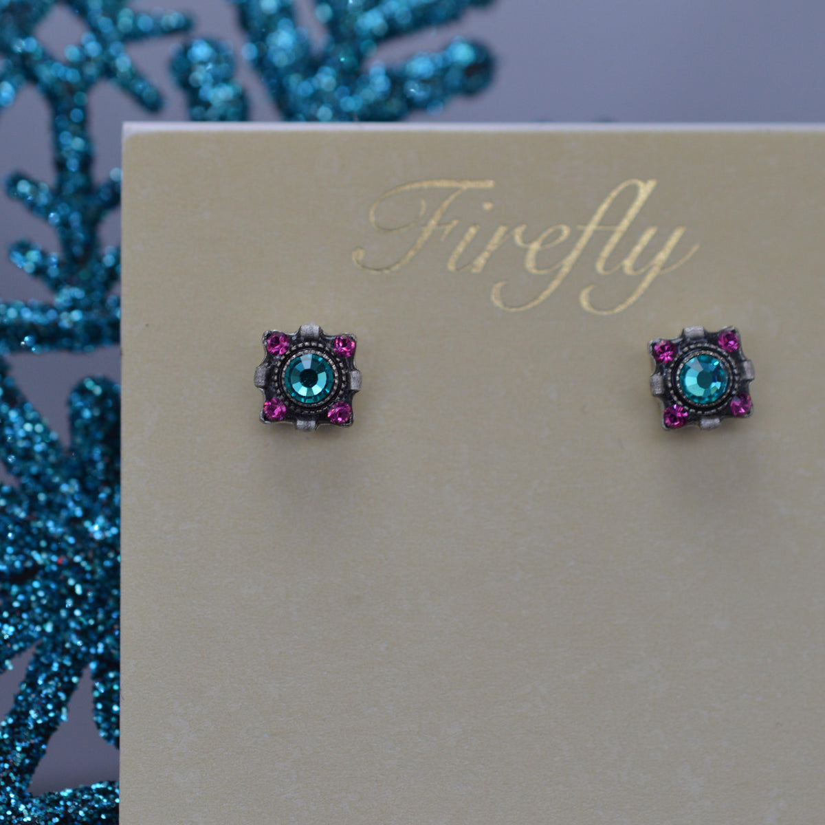 Antique Silver Plated Blue Zircon Crystal Dulce Stud Earrings By Firefly