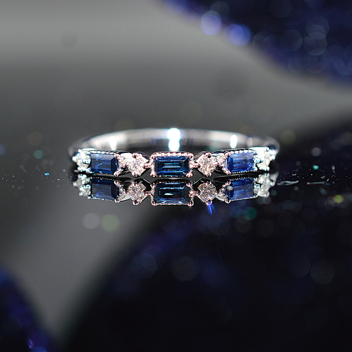 14K White Gold Baguette Genuine Sapphire & Diamond Anniversary Ring