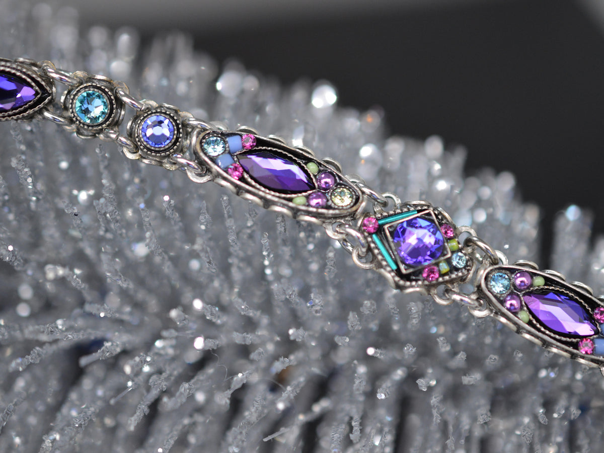 Antique Silver Plate Carmel Linear Bracelet With Purple Crystals by Firefly