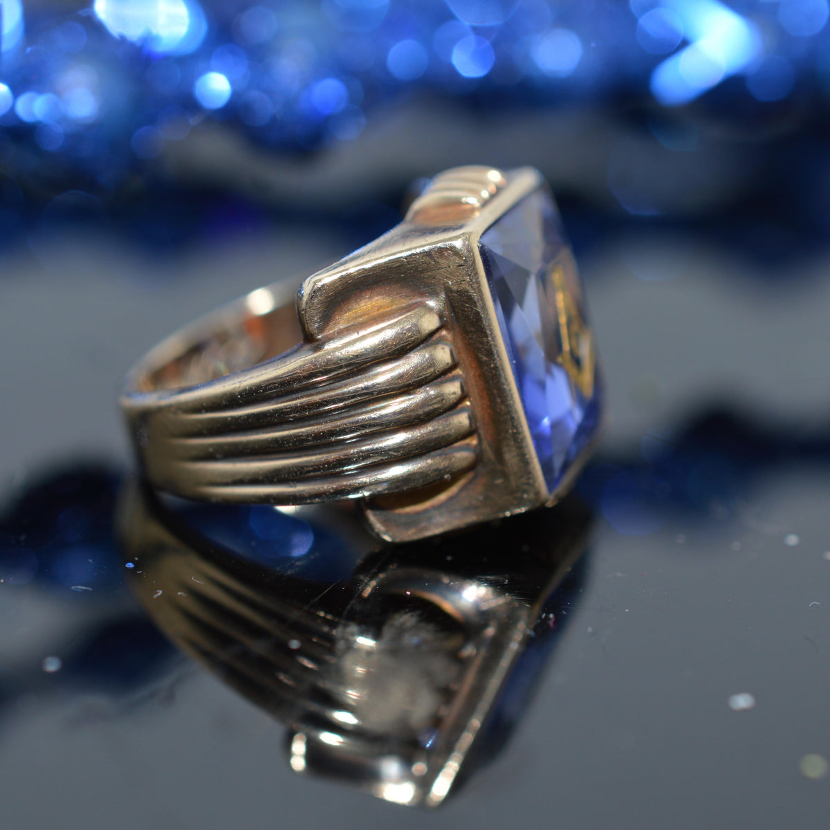 10K Yellow Gold Masonic Ring With Rectangular Synthetic Blue Spinel
