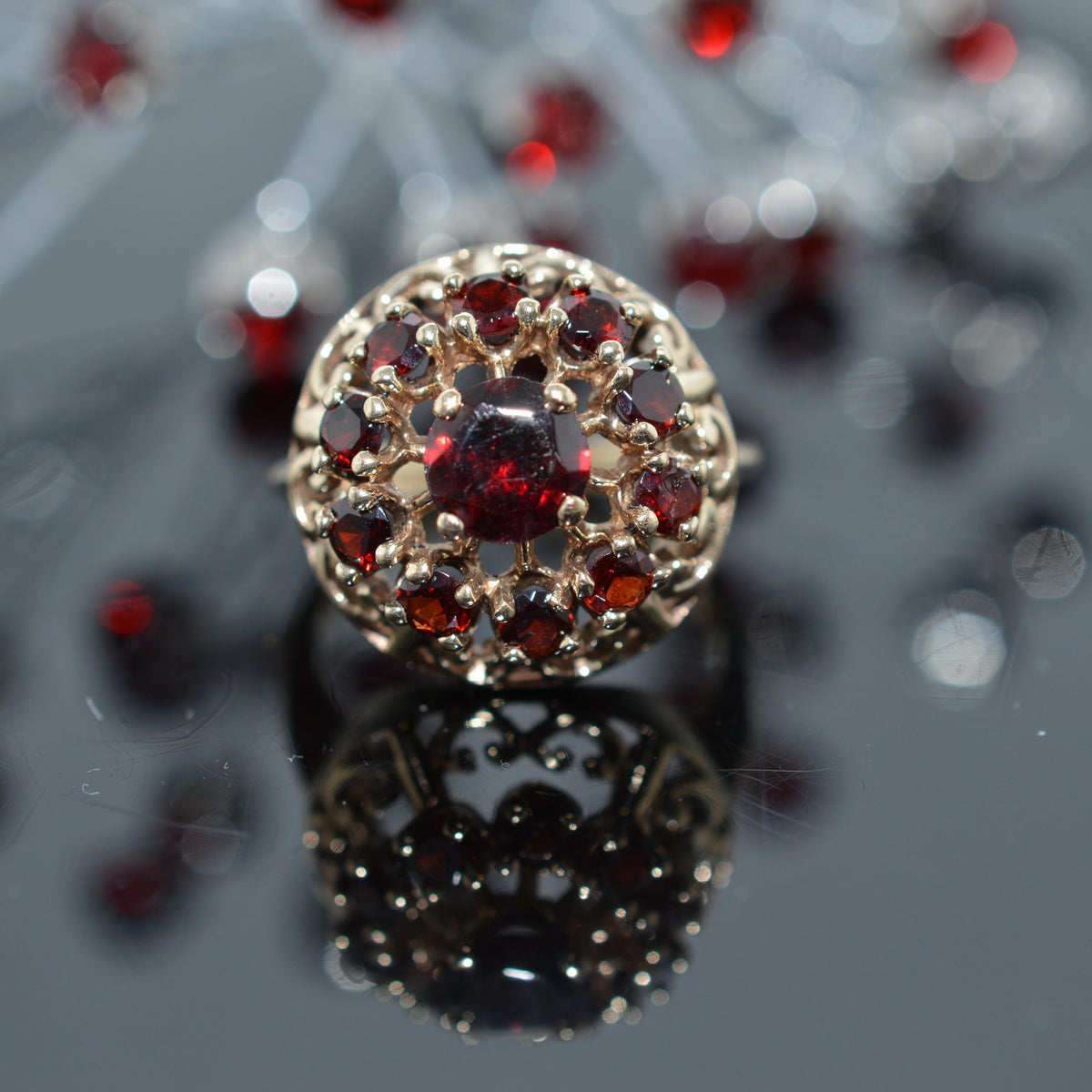 10K Yellow Gold Domed Garnet Cluster Ring