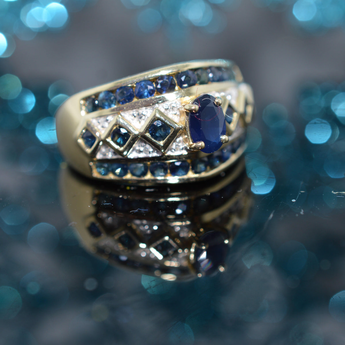 14K Two Tone Gold Wide Band Ring With Sapphires & Diamonds