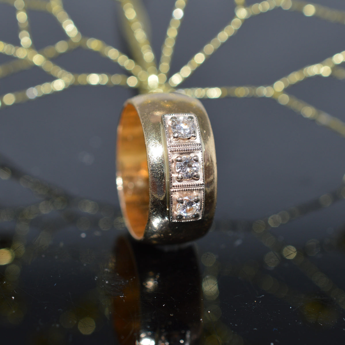 14K Yellow Gold Wide Band Ring With 3 Round Diamonds