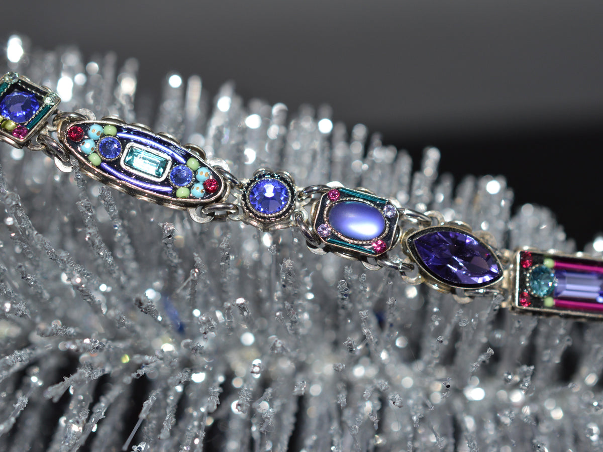 Antique Silver Plate Architectural Bracelet With Tanzanite Color Crystals by Firefly