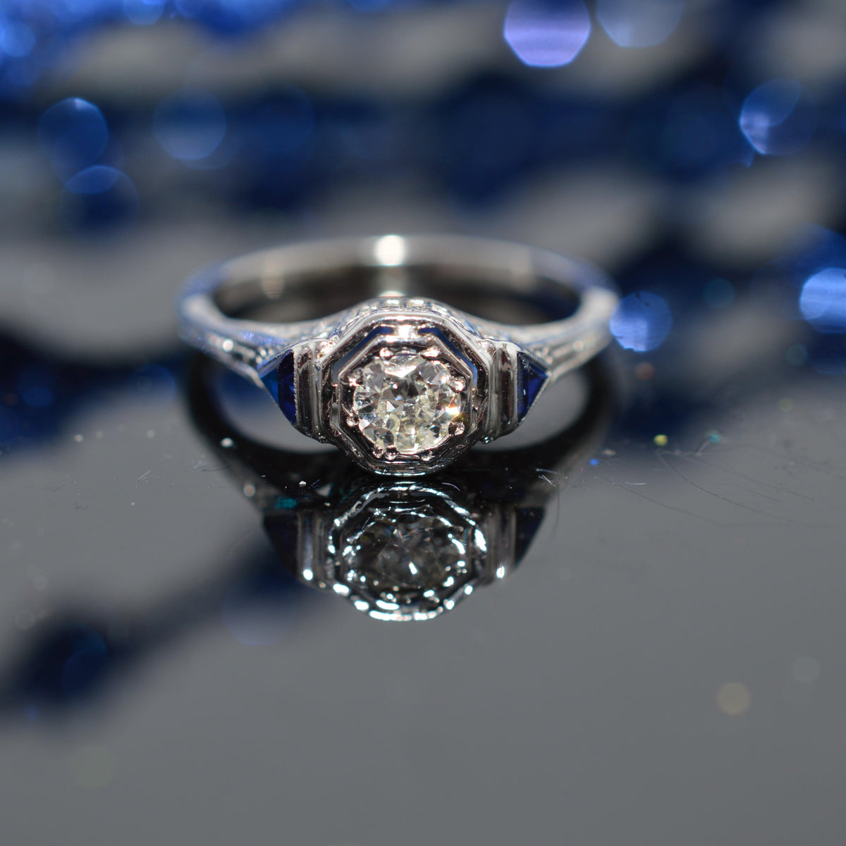 14K White Gold Art Deco Diamond Engagement Ring With Trillion Sapphires