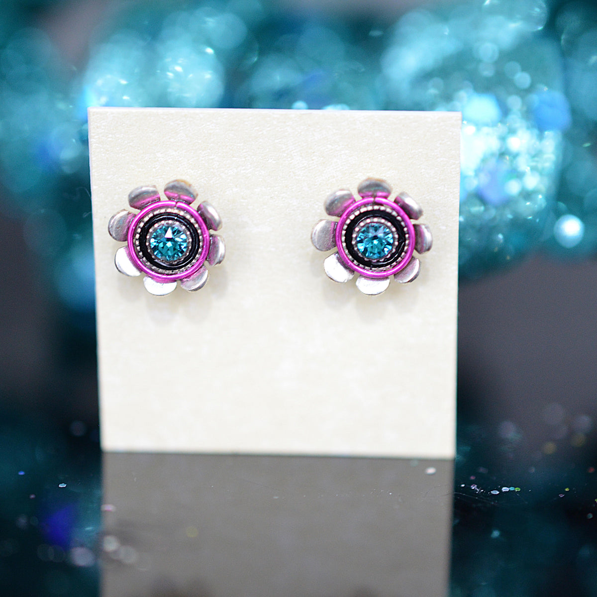 Antique Silver Plated Mini Flower Stud Earrings With Multi-Color Crystals by Firefly