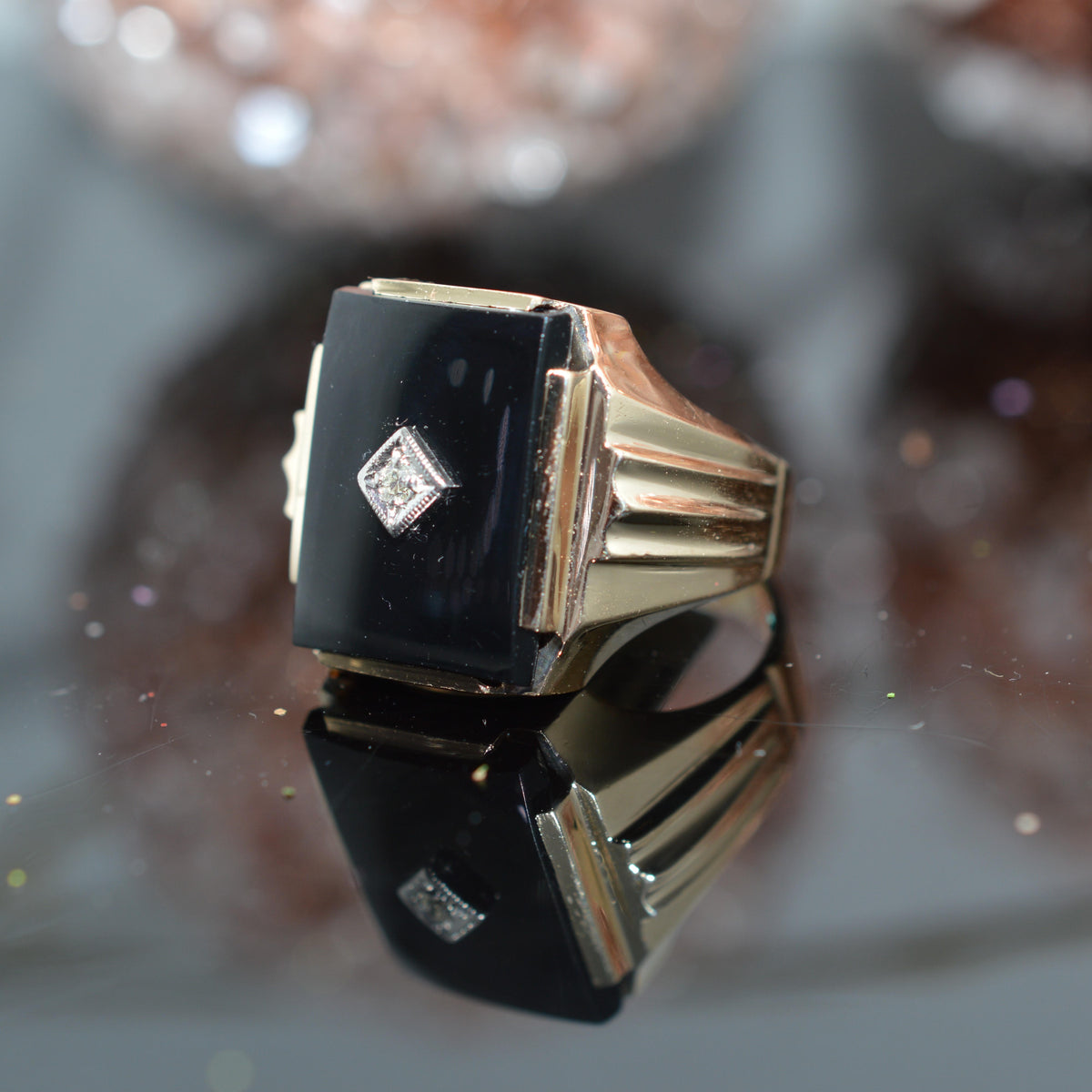 10K Yellow Gold Rectangular Black Onyx And Diamond Ring